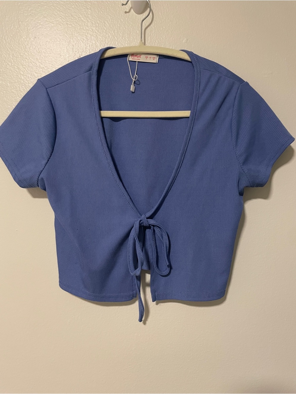 Romwe Tie-Front Ribbed Crop Top V Neck Blue Womens Small Summer Travel Beach